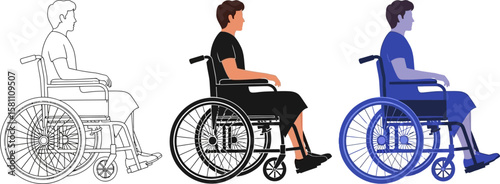 Vector illustrations show a man in a wheelchair in various styles