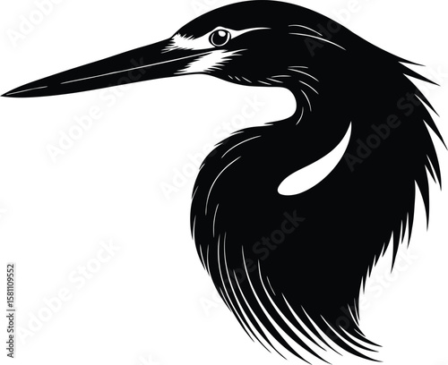 Vector art of black silhouette of a herons head and neck in profile, isolated on white