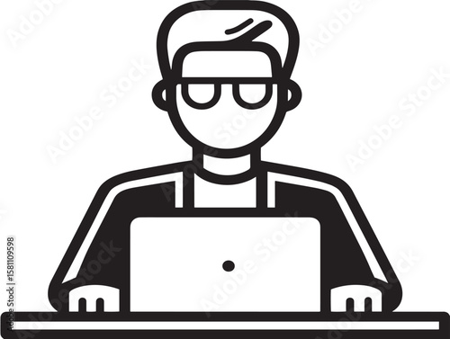 Coder at desk icon in creative outline format