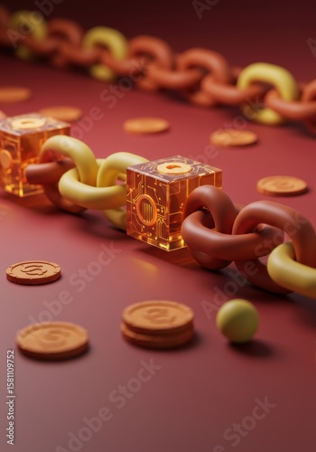 Abstract 3D Render of Interlocking Chain Links and Cubes with Coins on Red Background