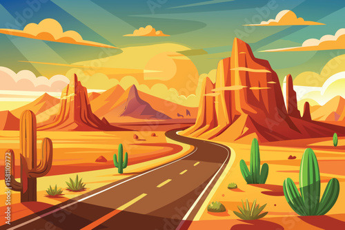 Desert landscape with road, rocks and cactuses. Vector cartoon illustration of highway turn in Arizona or orange mountains. Summer western American .road design 