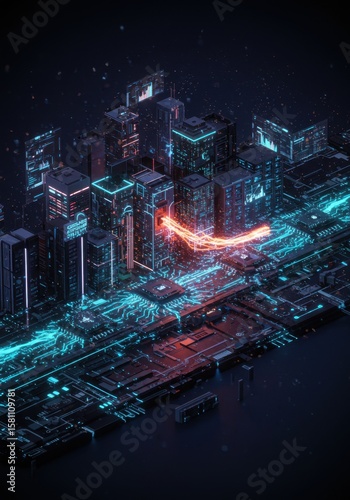 Futuristic City Nightscape: Neon Lights and Pixelated Buildings