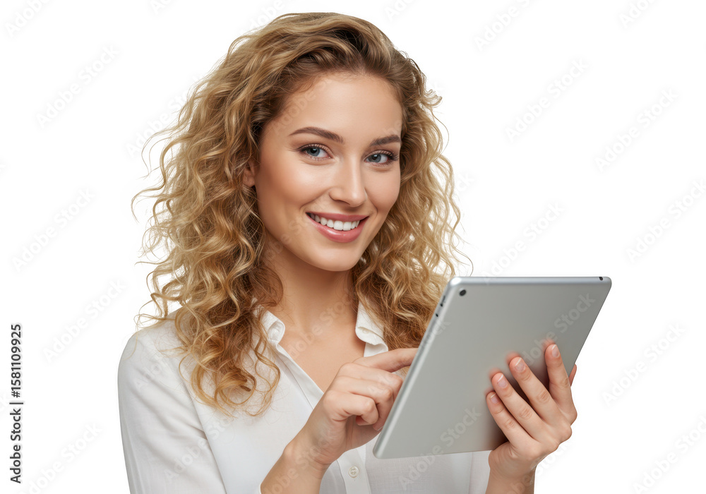 Fototapeta premium Smiling Woman Using Tablet on Transparent Background