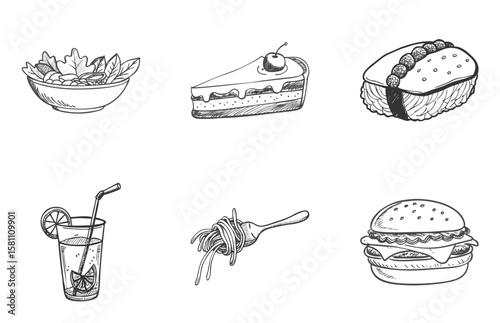 Hand-drawn sketch icons of food and drink: salad, cake, sushi, cocktail, pasta, burger in black-white comic style. Concept: menu elements, restaurant app, food delivery illustration