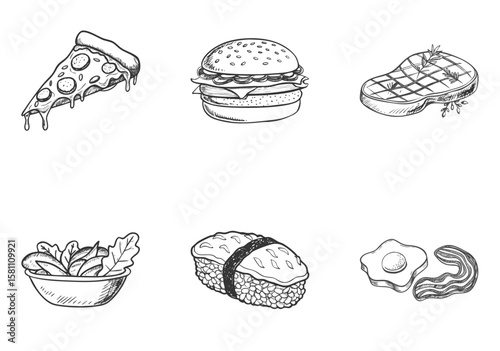 Hand-drawn sketch icons of classic foods: pizza, burger, steak, salad, sushi, egg with bacon in black-white comic style. Concept: menu design, food delivery UI, culinary illustration

