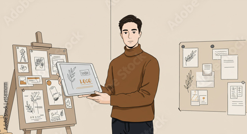 Artistic Presentation Man Showcasing Designs on an Easel and Tablet