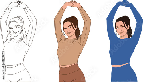 Woman stretches in colored line art illustration variations
