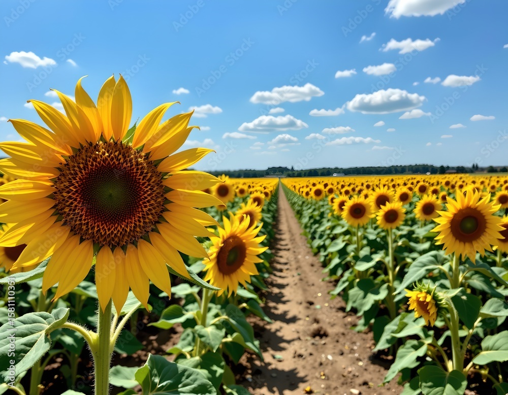 Obraz premium an expansive sunflower field, teeming with vibrant yellow flowers under a clear blue sky