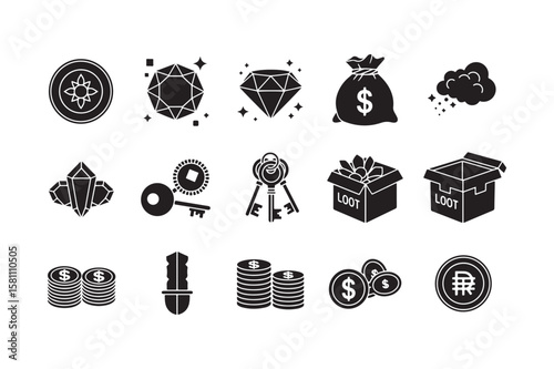 Black and White Icon Set of Gems Coins Keys and Loot