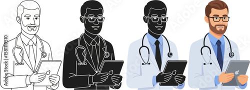 Professional doctors holding tablets display healthcare technology