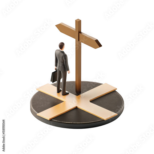 Businessman stands at a crossroads with a signpost indicating multiple directions symbolizing choice and decision making isolated on transparent background