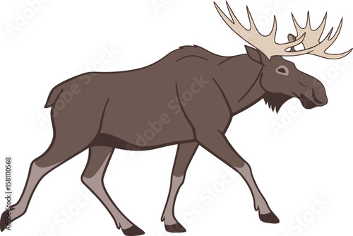 Vector art of a brown cartoon moose with large antlers walking, isolated on a white background