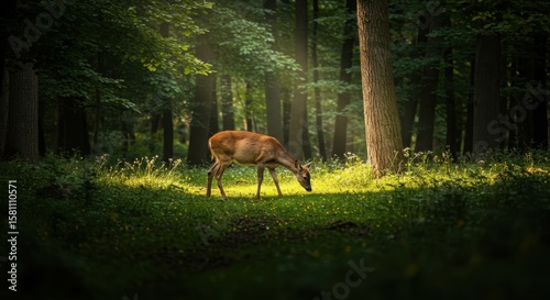 Deer Grazing in Sunlit Forest