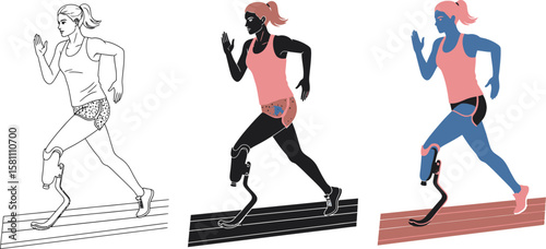 Female runner with prosthetic leg in varying styles on a track