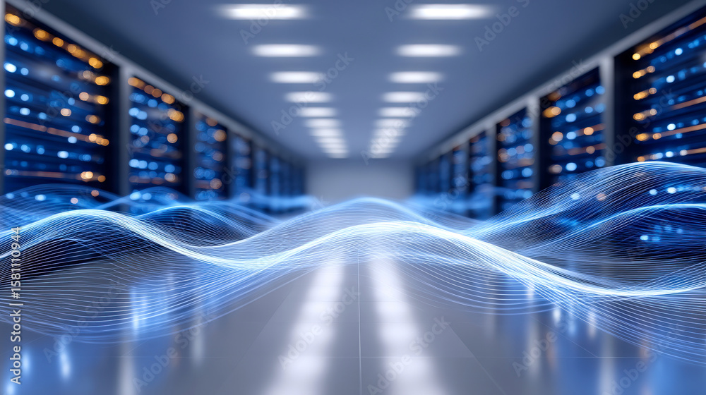 Obraz premium Futuristic data center with illuminated server racks and flowing blue light waves creates dynamic atmosphere of technology and innovation. scene conveys sense of advanced digital infrastructure