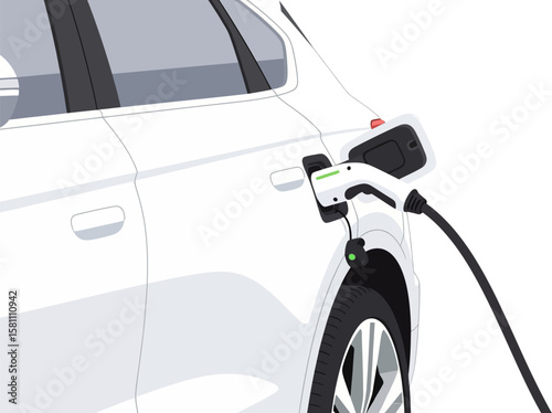 White electric car is charging on a white background