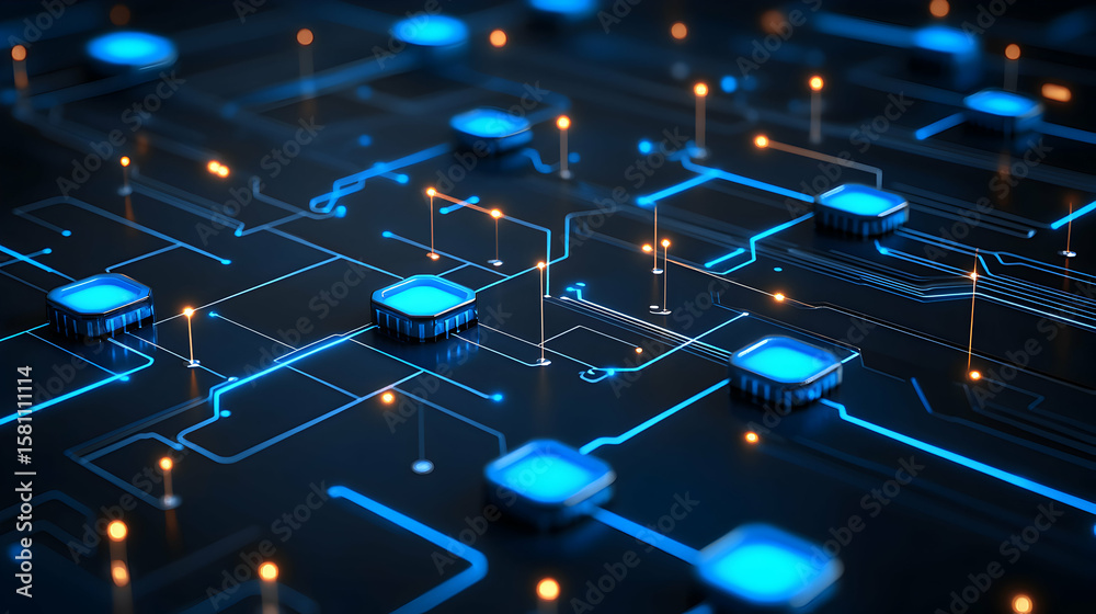 Obraz premium Abstract rendering of a circuit board with glowing blue nodes and connecting lines.