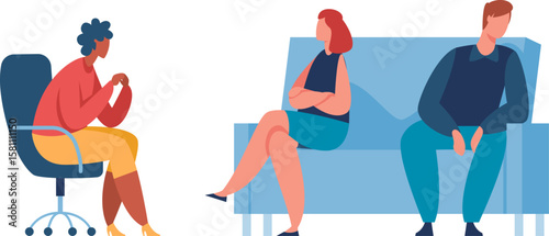 Psychologist listening to young couple discussing their relationship problems during therapy session. Man and woman sitting on sofa and talking to professional counselor. Family psychotherapy concept