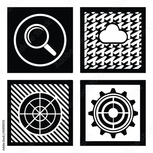 Eight Blackand White Solid U I Icons Set Top View Magnifying Glass Cloud Target Gear Cogwheel