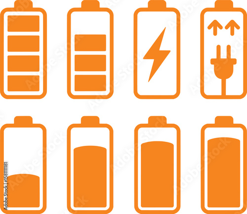 Orange battery level indicators and charging symbols power energy