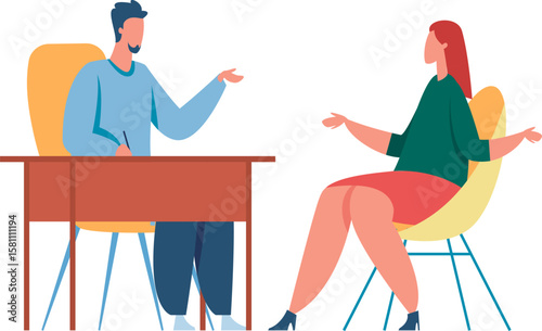 Human resources manager sitting at desk taking notes and interviewing female candidate for job position explaining her experience and skills