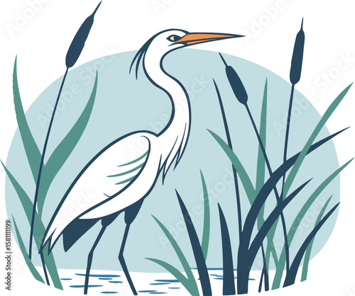 Vector art of a graceful white heron stands amidst reeds in a serene wetland