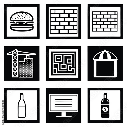 Nine Black and White Icons Depicting a Hamburger Brick Wall Construction Maze Market Stall Wine