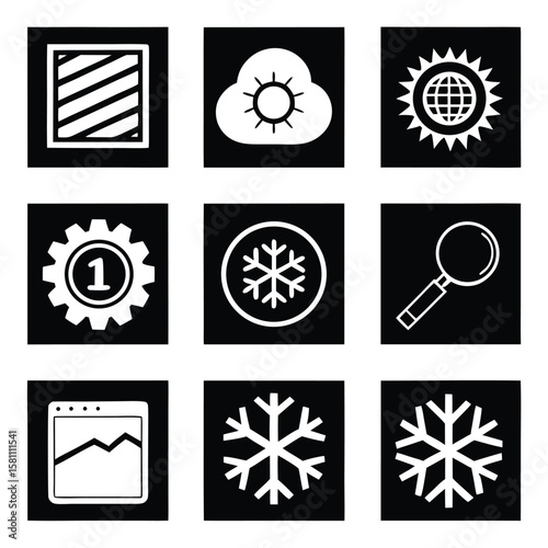 Nine Black and White Icons Set Infographic Favorites Bundle Solid Black Style Sun Cloud