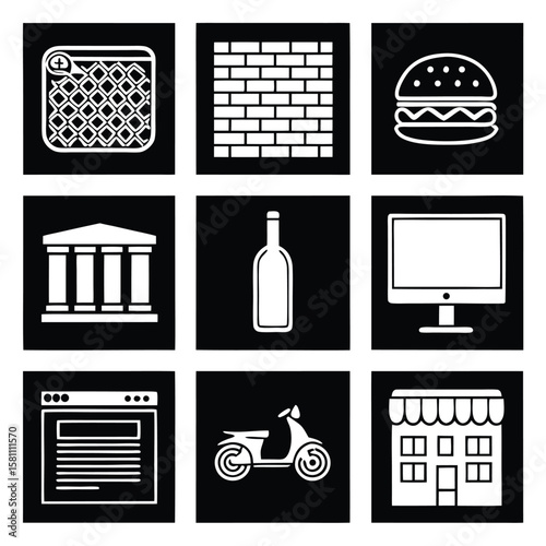Nine Black and White Icons Depicting Location Map Brick Wall Hamburger Bank Bottle Computer