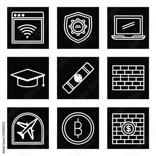 Nine Black and White Icons Set Wifi Laptop Graduation Cap Crayon Brick Wall Airplane Bitcoin