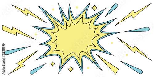 Comic pop art starburst explosion vector graphic. Dynamic yellow burst with lightning elements for sale, discount, promotion, attention, and advertising design projects.