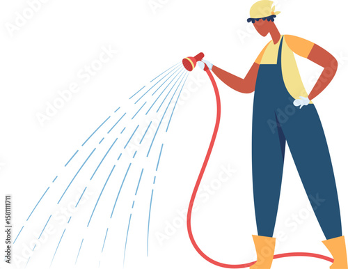 Gardener wearing gloves and overalls is watering plants using a hose connected to a water supply, taking care of the garden and ensuring its growth and health