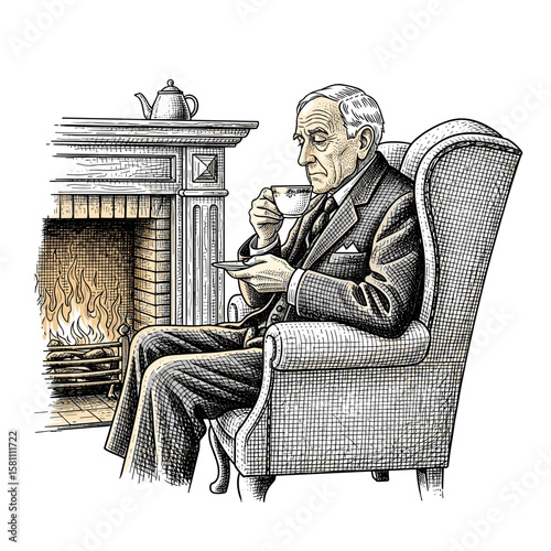 Elderly man sitting in armchair and drinking tea by fireplace  