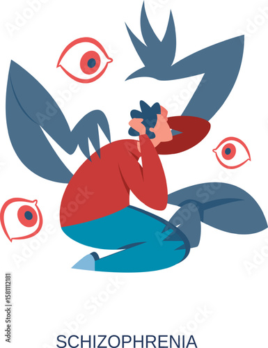 Man suffering from schizophrenia covering ears with his hands, surrounded by big eyes and shadows, experiencing hallucinations and paranoia, mental health concept