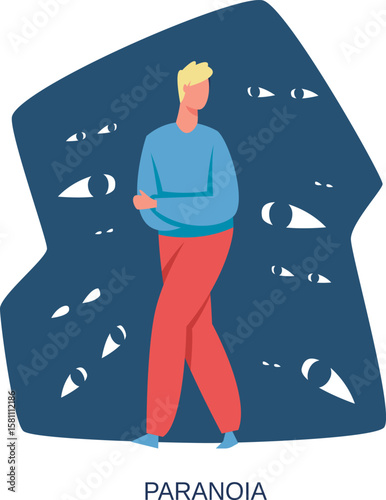 Young man hugging himself, feeling insecure and anxious because of many eyes staring at him from the dark, representing paranoia, social anxiety, and mental health issues