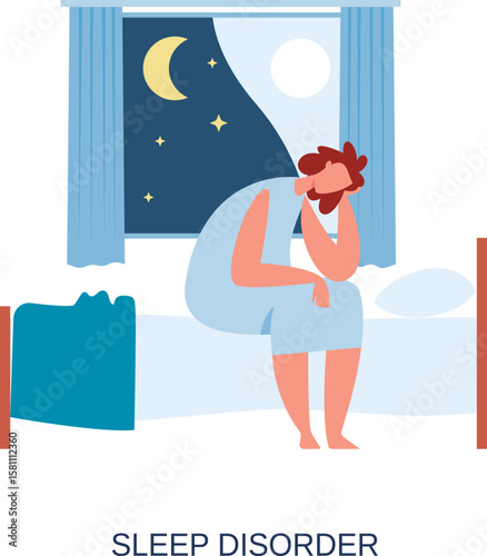 Young man sitting on a bed at night, holding his head in his hands, grappling with insomnia and the challenges of sleep disorders, reflecting the struggle with mental health issues