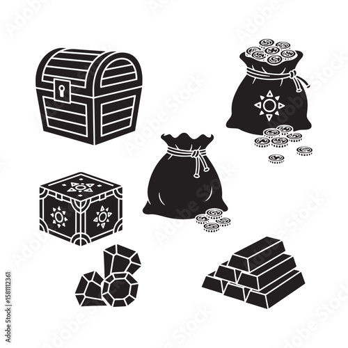 Black and White Treasure Chest Coins Gems and Gold Bars