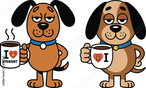 Two charming cartoon dogs enjoying their "I Love Hydrants" coffee mugs with sleepy delight.