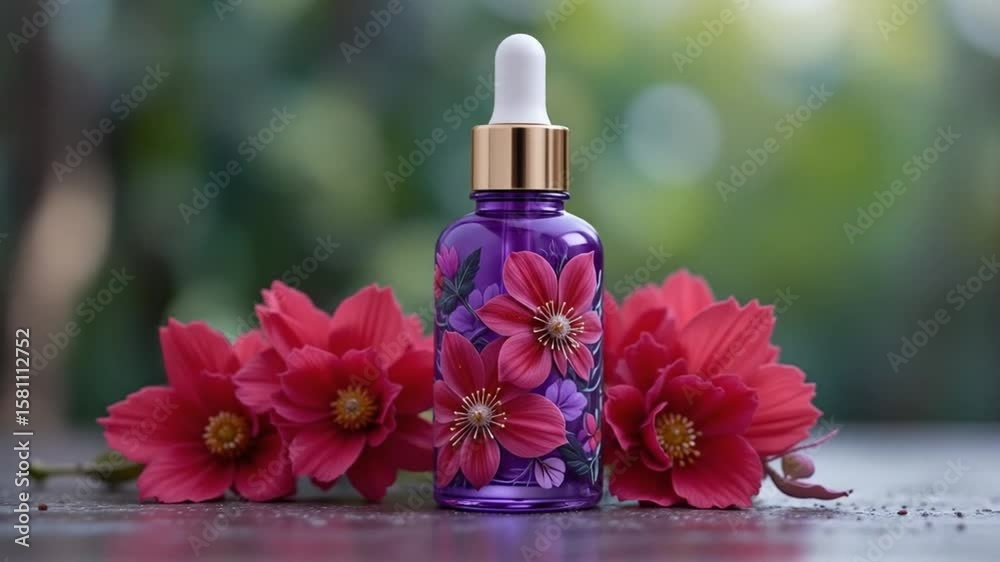 Purple Bottle With Red Flowers And Dropper Purple Bottle With Red Flowers And Dropper
