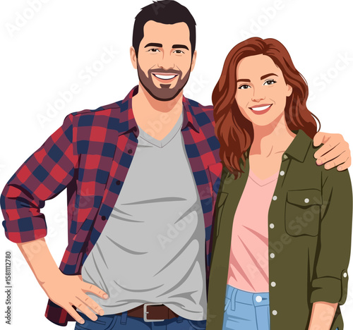 Smiling couple hugs in casual clothes, modern cartoon illustration
