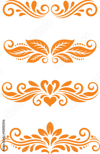 Orange floral ornamental swirls and leaves decorative elements vector