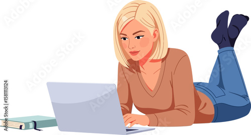 Blonde woman lying down uses a laptop for work or studying