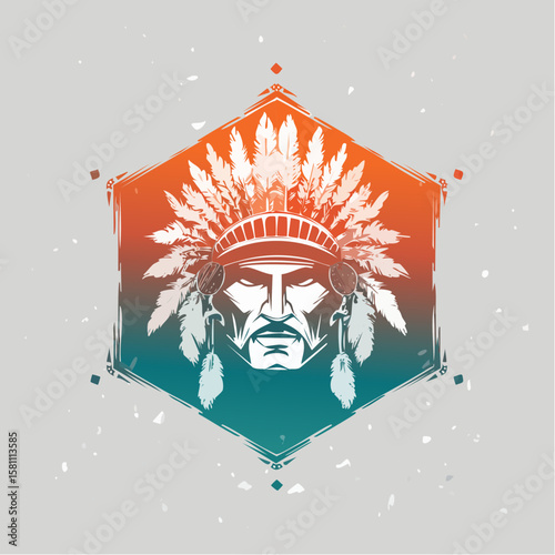 Illustration of a Nativ American Silhouette in a hexagon shape. A dark and atmospheric composition with a dramatic red moon in the background. Ideal for wallpapers, decoration, posters, and t-shirts. 