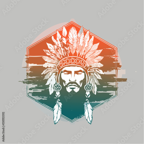 Illustration of a Nativ American Silhouette in a hexagon shape. A dark and atmospheric composition with a dramatic red moon in the background. Ideal for wallpapers, decoration, posters, and t-shirts. 