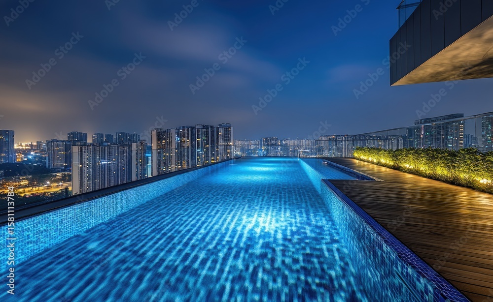 Fototapeta premium Rooftop infinity pool at night, city view (3)