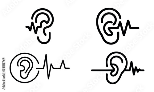 Ear icon set with soundwave elements representing hearing, audio, and medical concepts
