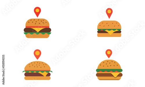 Burger icons with location pin markers for fast food delivery and restaurant map concept
