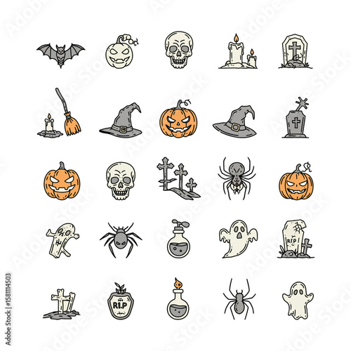 A collection of halloween icons including pumpkins, skulls, and ghosts