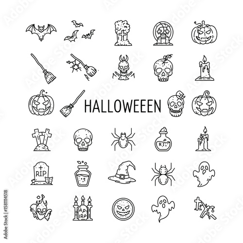 A collection of halloween icons and the word halloween
