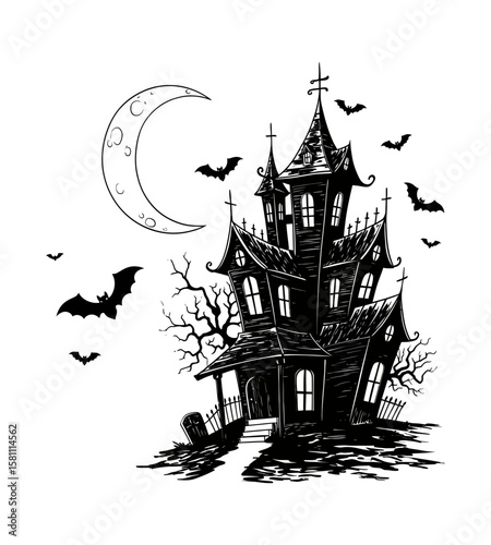 A spooky haunted house looms under a crescent moon with bats